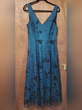 Papell Boutique Blue Maxi Dress with Black Floral Overlay